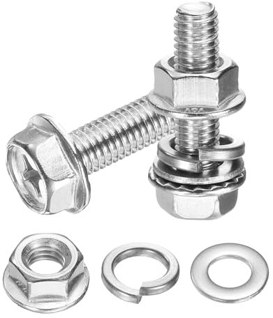 sourcing map M8 x 30mm Flanged Hex Head Bolts, 10Pcs 304 Stainless Steel Flange Hexagon Screws with Nuts, Flat & Lock Washers, Fully Threaded, for Machinery Industry Home Appliances
