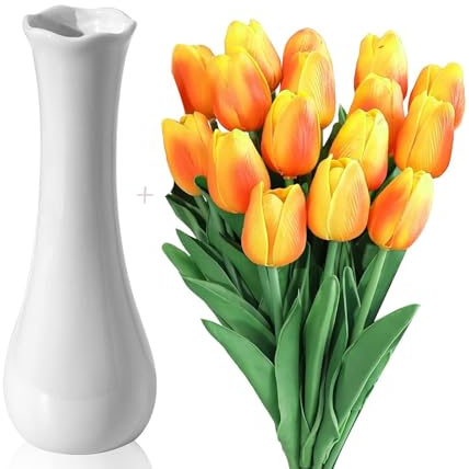ZPPLD 15pcs Tulipes Artificielles,Tulipes Artificielles avec Vase, Fleurs Artificielles en Latex Au Toucher RéAliste, Bouquets De Mariage pour DéCoration De Mariage, Maison, Jardin (Orange-15)