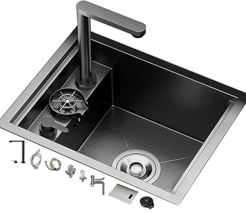 Fregadero Oculto Para Autocaravanas Caravanas Fregadero De Acero Inoxidable Negro Con Tapa Y Lavavasos Grifo Elevable(55X38X22CM)