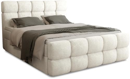 FurniDe24 Boxspringbett mit 2 Bettkästen, Taschenfederkernmatratze und Topper, Gepolstertes Doppelbett mit Kopfteil und Fußteil, Bouclé-Stoff, Polsterbett Leo (Anthology 01, 180 x 200 cm)