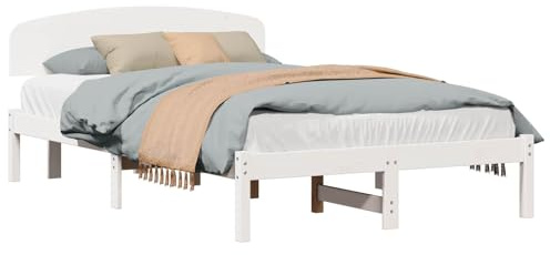 vidaXL Bettgestell mit Kopfteil Weiß 140 x 190 cm Massivholz Kiefer Modernes Plattformbett Kein Boxspring nötig Langlebig für Schlafzimmermöbel. Minimalistisches Erwachsenen Doppelbett