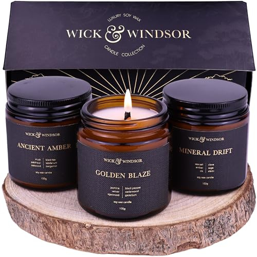 Wick & Windsor | Scented Candle Gift Set | Origins Collection | 3 Luxury Soy Wax Candles | Wooden Wick | 3×100g | Amber, Black Pepper & Sea Salt | Gift for Him - Birthday, Christmas & Father's Day
