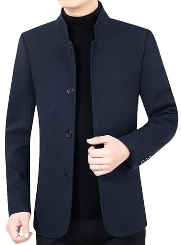 HUIANGLIYG Blazer À Chevrons pour Homme, Veste de Costume Vintage en Tweed de Laine Mélangée, Col Mandarin, Simple Boutonnage, Manteau en Laine Décontracté, Coupe Vent