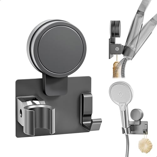 Support Pommeau de Douche, Support Douche sans Percage, Support de Douche à Ventouse sans Trou, avec Angle et Crochet Réglables, Adapté à la Plupart des Pommeaux de Douche