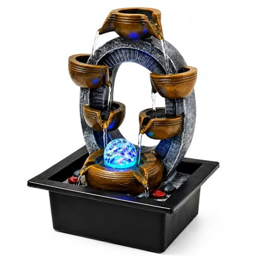 Fontana d'acqua da tavolo per interni, fontana a cascata da tavolo da 33 cm con sfera di cristallo LED blu, fontana d'acqua per interni per casa, ufficio, scrivania, design circolare con arco a più