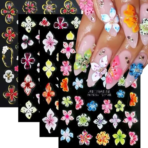 Giyehehi 4 Sheets Flower Nail Stickers for Nail Art, 5D Embossed Hibiscus Nail Stickers, Pink and White Lily, Hibiscus, Tropical Flowers, Summer and Spring Flower Nail Art Accessories for Women