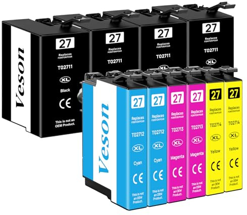 Veson 27XL Druckerpatronen für Epson 27XL Patronen kompatibel mit Epson Workforce WF-7110 WF-7210 WF-7610 WF-7620 WF-7710 WF-7715 WF-7720 WF-3620 WF-3640 (4 Schwarz, 2 Cyan, 2 Magenta, 2 Gelb)