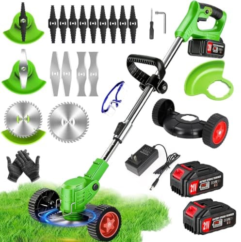 DéBroussailleuse à Batterie Electrique sans Fil 21V 2.0Ah Coupe Bordure avec 2 Batterie et Chargeur de Coupe Bordure avec et Roues Amovibles,Légères et à Faible Bruit,pour Jardin, Pelouse, Ferme