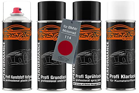 TRISTARcolor Motorradlack Spraydosen Set für Kunststoff Stoßstange für BMW Motorrad 114 Rot Metallic Haftgrund Grundlack Basislack Klarlack mit Weichmacher Sprühdose