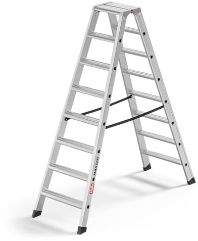 Hailo Master D100 Alu-Doppelstufenleiter 2x8 Stufen, EN 131, bis 150 kg | Beidseitig begehbar, rutschhemmende Stufen, große Abstellfläche, leicht und stabil