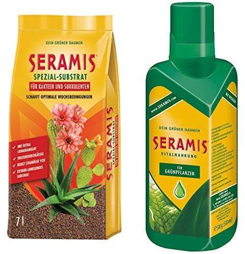 Seramis Ton-Granulat als Pflanzenerden-Ersatz für Kakteen und Sukkulenten, Spezial-Substrat, 7 Liter & Flüssiger Pflanzendünger mit Dosierhilfe für alle Grünpflanzen, Vitalnahrung, 500 ml, Grün