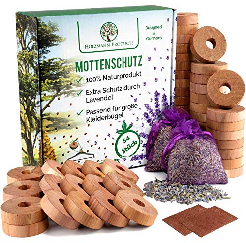 HOLZMANN 54x, Mottenschutz aus Zedernholz, 2X Lavendelsäckchen, mit 2X Schleifpapier, Zedernholz Lavendel, Natürlicher Mottenschutz für Kleiderschrank, Zedernholzringe, Mottenschutz Lavendel