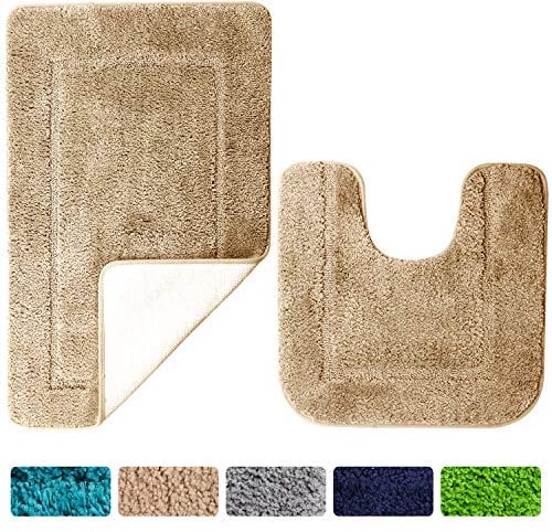 SOANNY Badematte 2er Set, Weicher Mikrofaser Badezimmerteppich, rutschfest & Wasserabsorbierend, 53x86 cm Badteppich & 50x50 cm WC Vorleger, Kamel