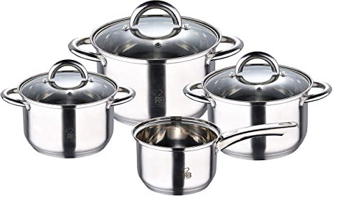 RB RENBERG Alexander - Batería de Cocina de 7 Piezas con 3 Cacerolas de 18, 20 y 24cm Con Tapa + 1 de 16cm - Fabricadas en Acero Inoxidable - Juego de Cacerolas - Fondo Encapsulado de 5 Capas