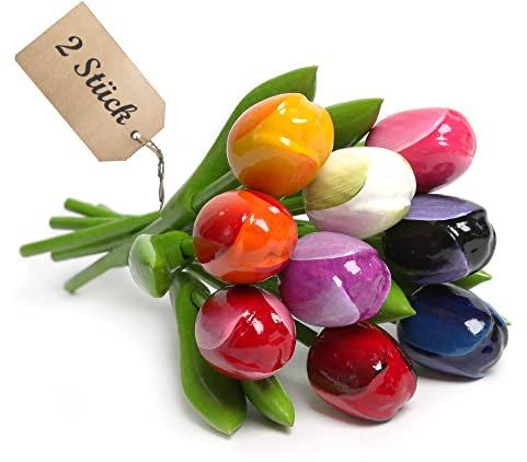 MomoMoments 2 mazzi di tulipani, in legno, di alta qualità, per la persona amata, ogni mazzo è composto da 9 tulipani, 21 cm di altezza, dipinti a mano, decorazione floreale, made in Holland