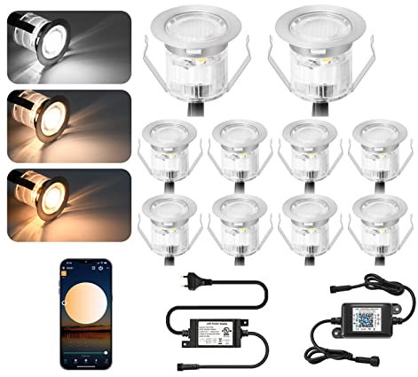 GEYUEYA Home Bodenstrahler Außen CCT(Warmweiß+Neutralweiß+Kaltweiß) LED 10er Set WLAN, Bodeneinbaustrahler Aussen, IP67 Wasserdicht, DC12V, Ø45mm