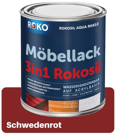 ROKO Möbellack - 0,7 Kg Schwedenrot - 3in1 Möbelfarbe auf Wasserbasis - Seidenmatt - Für Holz, Metall & Kunststoff