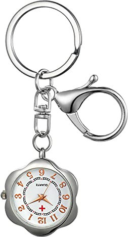 JewelryWe Karabineruhr Taschenuhr mit Schlüsselanhänger: Elegant Blume Gehäuse Karabiner Uhr Analog Quarz Schlüsselring Schlüsselbund Uhr für Ärzte Krankenschwestern Sanitäter Köche Silber