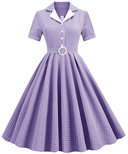 Robe Vintage Années 50 Pin Up Femme Annee 50 60 Hepburn Rockabilly Style Champetre Évasée Manche Courte Col Claudine Guinguette D'été Mariage Cocktail Tenue de Soirée Grande Taille Violet Plaid S