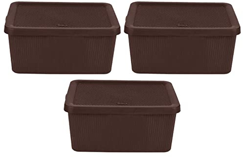 Set of 3 Small 7L Plastic Knitted Storage Basket with Lid, Stackable Organiser Lidded Bin Box for Nursery, Kids, Closet, Shelf, Shelves and Bathroom Storage (Brown)