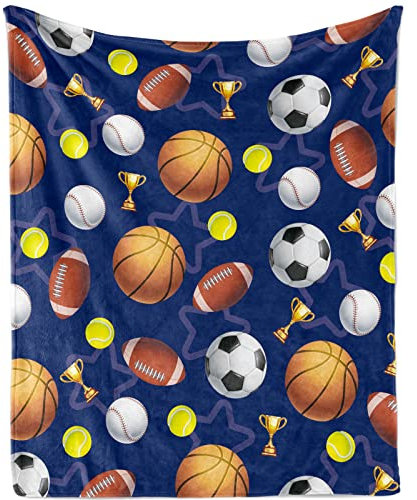 Kuscheldecke Kinder Sportbälle, Weich Flauschig Sportbälle Decke für Jungen, Plüsch Kuscheldecke Decke Flanell Fleecedecke mit Basketball Fußball Rugby Muster für Sofadecke Couch Decke, 100x130cm