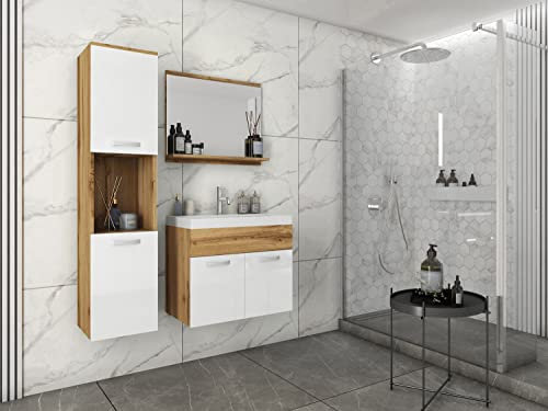 MINIO go for it- 3-Teilig Badmöbel Set Monal I Hängeschrank I Spiegel mit Regal I Schrank mit Waschbecken I Laminierte Spannplatte I Griffe und Beschläge aus Metall I Wotan Eiche und Weiß Hochglanz