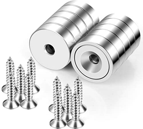 Neosmuk Magnets with Hole, 15kg Strong Round Cup Magnets for Wall, Heavy Duty Magnet with Screw for Wood, Disc Neo-Magnet with Hole in Center, Flat Magnet for Tools Rack. Pack of 10