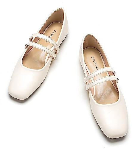 C.Paravano Mary Jane Damen-Lederschuhe, flache Schuhe mit quadratischer Zehenpartie, White_c, 42 EU