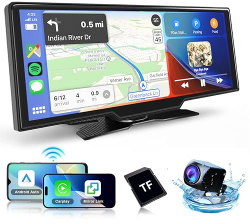 Hodozzy 10,26 Zoll Touchscreen Monitor Wireless Carplay Wireless Android Auto, Tragbarer Autoradio Carplay FM Transmitter Bluetooth, Digital Media Receiver mit Rückfahrkamera Display mit 64G-SD
