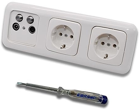 Busch Jäger SET: Unterputz 4-Loch Dose 40-2400 MHz, Enddose Stichdose, Radio/TV/SAT1 & SAT2. Inkl. ReflexSi alpinweiß 3fach Rahmen, 2 x Steckdose 20 EUC-214 + EBROM Phasenprüfer zur Montage der Geräte
