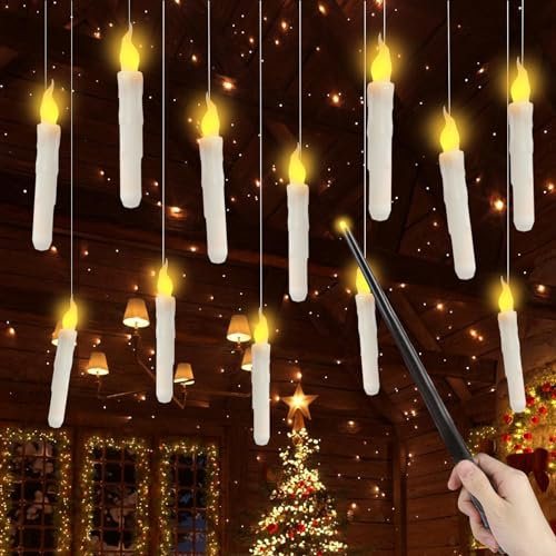 DZAY Weihnachtskerzen Schwebende Kerzen mit Zauberstab,12 Stück LED Kerzen mit Fernbedienung LED Stabkerzen,Flackernde Flammenlose Kerzen mit Angelschnur Fliegende Kerzen für Weihnachtsdeko