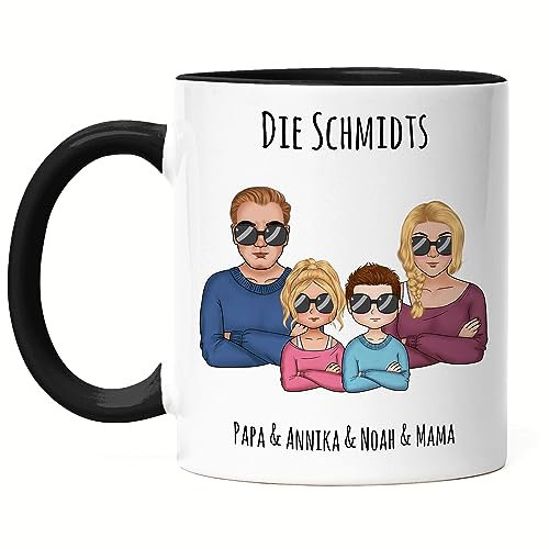 Kiddle-Design Familien Tasse Schwarz Personalisiert Vater Mutter 2 Kinder Muttertag Vatertag Papa Mama Coole Family Sohn Tochter