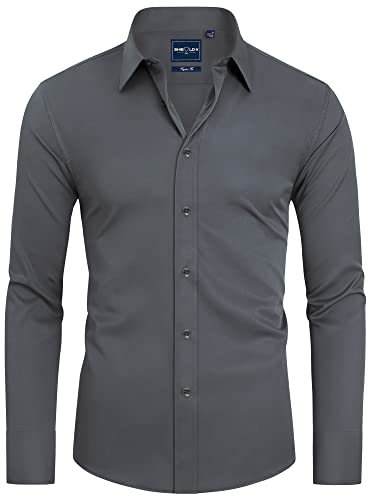 DEMEANOR Mens Dress Shirts Long Sleeve Dress Shirts for Men Slim fit Shirt Mens Casual Shirts Non-Iron Men Formal Shirts Dark Grey