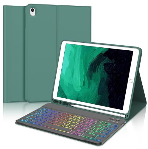 SENGBIRCH Coque Clavier pour iPad 9/8/7ème gén 10.2 Pouces - AZERTY Français Clavier Rétroéclairé 7 Couleurs Bluetooth Détachable sans Fil, Étui pour iPad Air 3 10.5, Vert foncé