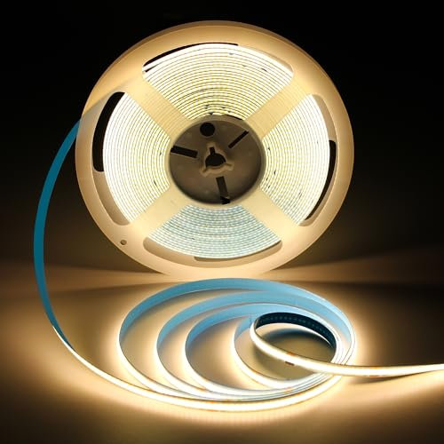 ShineBurky Striscia LED COB 10 Metri Bianco Caldo, 24V Strisce LED CRI93+ Larghezza 8mm LED Strip Light Tagliabile Flessibile Per TV Backlight Cucina Camera da Letto Decorazione (Senza Alimentatore)