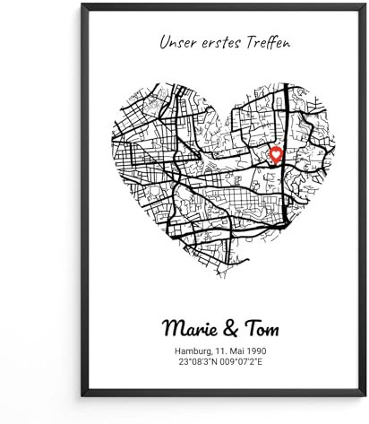Triangle Déco Personalisierbares Poster Treffpunkt Paar Geschenk Herren Damen Poster Karte Stadt wo alles begann – Geburtstag Valentinstag Hochzeit – Rahmen personalisierbar (Herz)