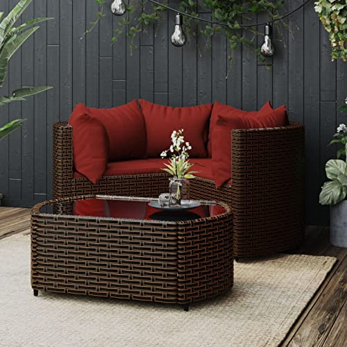 NITCA 4-TLG Balkonmöbel Set Kleiner, Balkon Lounge Klein, Rattan Gartenmöbel Set, Balkon Sofa Rattan 2 Sitzer, Klein Terrassenmöbel, Balkonmöbel, Gartensofa mit Kissen Braun und Rot