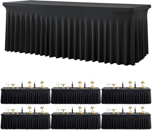 6 Pack Schwarz Dehnbare Spandex Tischdecke für 243 cm Rechteckige Tisch, Waschbare und knitterfreie Stretch Tischdecke Rechteckig für Partys Veranstaltungen, Hochzeiten, Bankette, [243Lx76Wx74H] cm