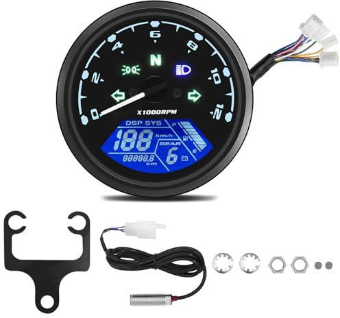 Geloo Moto Contachilometri Universale per Moto Tachimetro Digitale Contachilometri con Supporto 12000 giri/min 199 KMH MPH LCD Contagiri per 1,2,4 Cilindri con Spia Multifunzione 12V