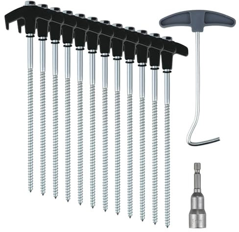 12 X Schraubheringe Camping Metall, 8x250mm Drehbare Zeltheringe, Zeltheringe zum Schrauben, Heringe zum Schrauben mit Gewinde, Tellerkopfschrauben Camping mit T-Griff für Normalen und Harten Boden