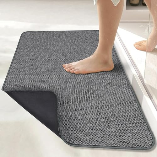 Bosap Ultra Thin Bath Rugs, Rubber Bath Mats for Quick Dry, Washable, Fit Under Door, Super Absorbent for Bathroom Floor, Shower, Sink (Dark Grey, 24''x36'')