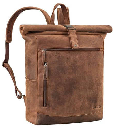 STILORD 'Lutz' Grand Sac a Dos Roll Top Cuir Sac à Dos Homme Travail Voyage Sport Sac à dos Ordinateur 17 pouces Laptop Backpack en Cuir Veritable, Couleur:chêne - marron
