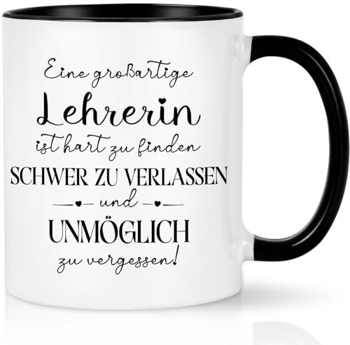 CHUIN DRUCK Tasse Geschenk für Lehrerin Abschiedsgeschenk mit Spruch - Eine großartige Lehrerin ist hart zu finden - Lehrerin Geschenk Tasse Grundschule Lehrerinnen Abschied Ruhestand, 320ml Schwarz