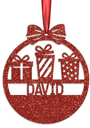 KreateSquare Personalised Christmas Bauble, 950 GSM Double-Sided Glitter Xmas Tree Decoration, Custom Name Baubles, Red & White Christmas Decorations Ornaments (Red