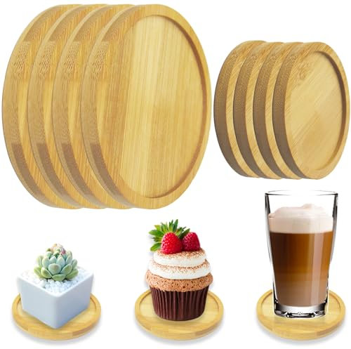 PXBSNB 8-Piece Bamboo Round Coasters Set with Antispill Rim - 2 Size Wooden Coasters for Coffee, Beer, Glass Bottle, Planters and Tabletop Protection - Housewarming Gift