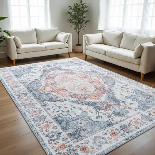 CRYPTOLITE Teppiche für Wohnzimmer, maschinenwaschbar, rutschfest, niedriger Flor, Kunstwolle, Boho, Vintage-Teppich, fusselfrei, großer Teppich für Schlafzimmer, Esszimmer, Büro, Hellblau