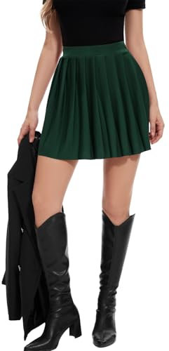 DRESSTELLS Plisseerock Damen Tennisrock Knielang Minirock High Waist Gothic Grüner Rock Kurz Sommerrock Mini Rock Elegant Faltenrock Pleated Skirt DarkGreen L