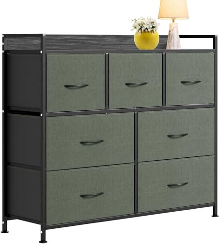SUBTLETY Kommoden Schrank Stoffkommode mit 7 Schubladen Metallgestell Sideboard Schubladenschrank mit Griff, Holzwerkstoff Kleiderschrank für Schlafzimmer Wohnzimmer Flur Büro (Hanfgrau)