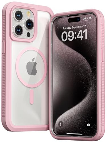 Follaroma for iPhone 15 Pro Max case Compatible with MagSafe, Double Layer Heavy Duty Shockproof Protection Phone Case, Transparent Magnetic Protective Cover for iPhone 15 Pro Max, 6.7'', Pink