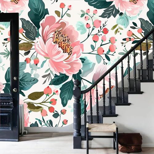 Rosarote Beeren Tapete Wandbild 3D Fototapete grüne Blätter Wandtapete Foto für Modernes Design der Fernseh Hintergrund Wand-Kunst-Deko,400 x 280 cm (B x H)